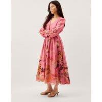 Monsoon Floral V-Neck Belted Midi Waisted Dress Pink Mix