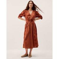 Monsoon Pure Cotton Embroidered Midi Waisted Dress Brown Mix