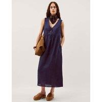 Monsoon Pure Linen V-Neck Midi Column Dress Navy