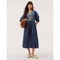 Monsoon Pure Cotton Denim V-Neck Midi Waisted Dress Light Blue Mix