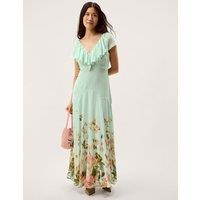Monsoon Floral V-Neck Ruffle Maxi Skater Dress Sage Mix