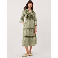 Monsoon Pure Cotton Embroidered Gingham Tiered Dress Green Mix