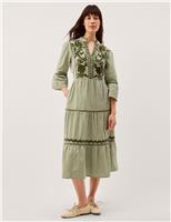 Pure Cotton Embroidered Gingham Tiered Dress