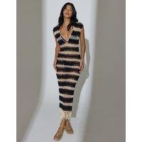 South Beach Striped V-Neck Crochet Midi Beach Dress White/Black
