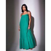 South Beach Pure Cotton Square Neck Maxi Tiered Dress Green
