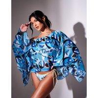 South Beach Printed Beach Cover Up Poncho Blue Mix