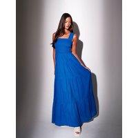 South Beach Pure Cotton Square Neck Tiered Maxi Dress Blue