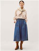 Monsoon Shirred Denim Midi Skirt Blue