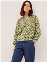 Monsoon Jersey Geometric V-Neck Button Through Blouse Khaki Mix