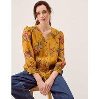 Monsoon Floral V-Neck Lace Trim Blouse Brown Mix