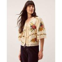 Monsoon Embroidered V-Neck Tie Front Blouse Cream Mix