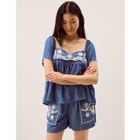 Monsoon Pure Lyocell Embroidered Square Neck Top Blue Mix