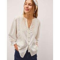 Monsoon Pure Cotton Notch Neck Lace Insert Blouson Sleeve Blouse Ivory