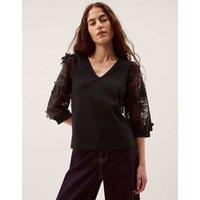 Monsoon Cotton Rich Embroidered V-Neck Top Black Mix