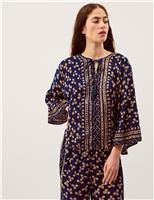 Clover Print Tie Neck Tassel Top