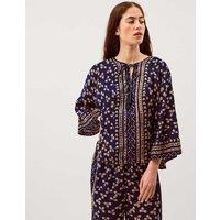Monsoon Clover Print Tie Neck Tassel Top Navy Mix