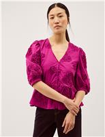 Pure Cotton Embroidered Puff Sleeve Peplum Top