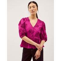 Monsoon Pure Cotton Embroidered Puff Sleeve Peplum Top Pink Mix