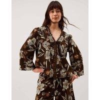 Monsoon Linen Rich Floral V-Neck Tie Detail Blouse Chocolate