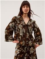 Monsoon Linen Rich Floral V-Neck Tie Detail Blouse Chocolate