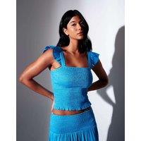 South Beach Pure Cotton Shirred Frill Sleeve Top Blue