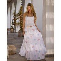 South Beach Pure Cotton Sequin Seashell Maxi Tiered Skirt White Mix