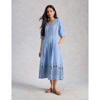 White Stuff Cotton Rich Embroidered Midi Skater Dress Blue