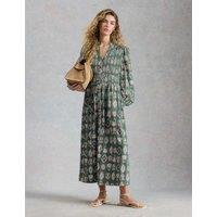 White Stuff Cotton Blend Floral V-Neck Midi Shirred Dress Green Mix
