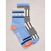 White Stuff 2 Pack Cotton Rich Patterned Ankle High Socks Blue Mix