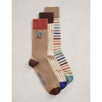 White Stuff 3 Pack Striped & Lobster Cotton Rich Socks Natural Mix