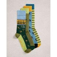 White Stuff 4 Pack Football Cotton Rich Socks Green Mix