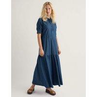 Seasalt Cornwall Pure Cotton High Neck Midi Tiered Dress Blue Denim