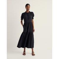 Seasalt Cornwall Cotton Rich Checked High Neck Midi Tiered Dress Navy Mix