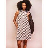 RO&ZO Linen Blend Gingham Cowl Neck Mini Shift Dress Brown Mix