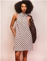Linen Blend Gingham Cowl Neck Mini Shift Dress