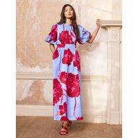 RO&ZO Cotton Rich Floral Midaxi Waisted Dress Light Blue Mix