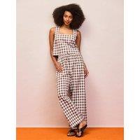 RO&ZO Cotton Linen Blend Gingham Casual Trousers Brown Mix