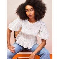 RO&ZO Pure Cotton Broderie Puff Sleeve Peplum Top White
