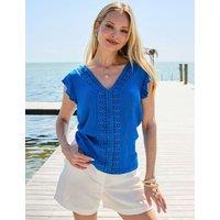 SOSANDAR Crinkle Lace Detail Ruffle Sleeve Top Blue