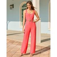 SOSANDAR Linen Blend Square Neck Wide Leg Jumpsuit Coral