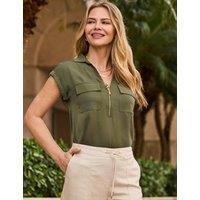 SOSANDAR Half Zip Collared Tunic Top Khaki