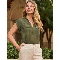 SOSANDAR Half Zip Collared Tunic Top Khaki