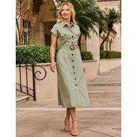 SOSANDAR Pure Cotton Belted Midi Shirt Dress Green