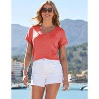 SOSANDAR Sparkly Pointelle V-Neck Fine Knit T-Shirt Coral