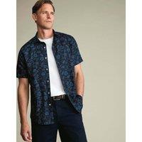Charles Tyrwhitt Cotton Linen Blend Printed Short Sleeve Shirt Navy Mix