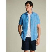 Charles Tyrwhitt Slim Fit Pure Linen Short Sleeve Shirt Blue