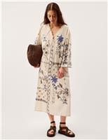 Monsoon Pure Cotton Embroidered V-Neck Kaftan Dress Ivory Mix