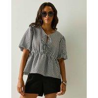 Regatta Amor Checked V-Neck Puff Sleeve Peplum Top White/Black