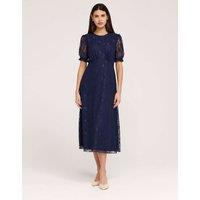 Finery London Floral Lace Puff Sleeve Midi Skater Dress Navy