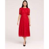 Finery London Floral Lace Puff Sleeve Midi Skater Dress Red